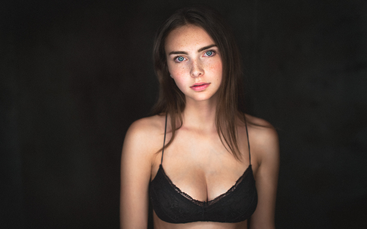 women, portrait, black bras, simple background, freckles