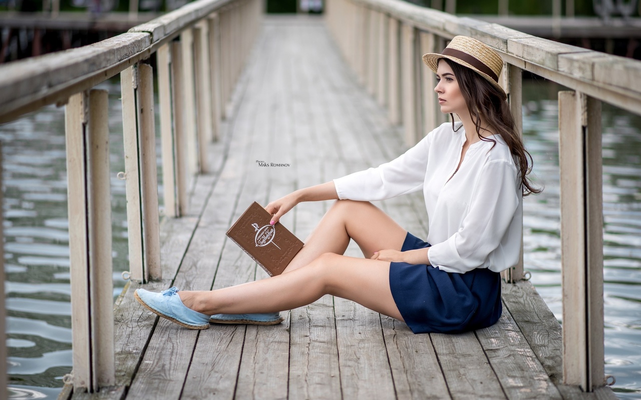 women, maksim romanov, bridge, hat, books, sitting, looking away, portrait