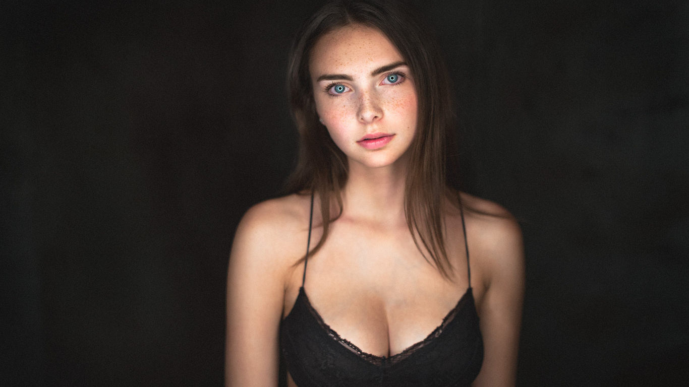 women, portrait, black bras, simple background, freckles