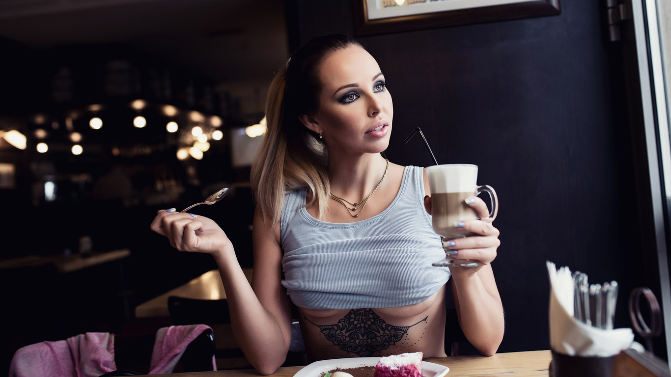 women, boobs, sitting, cup, looking away, underboob, portrait, tattoo, necklace