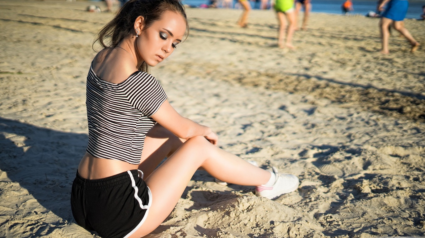 women, sitting, sneakers, sand, sea, shorts, short shorts, women outdoors, closed eyes, depth of field, 