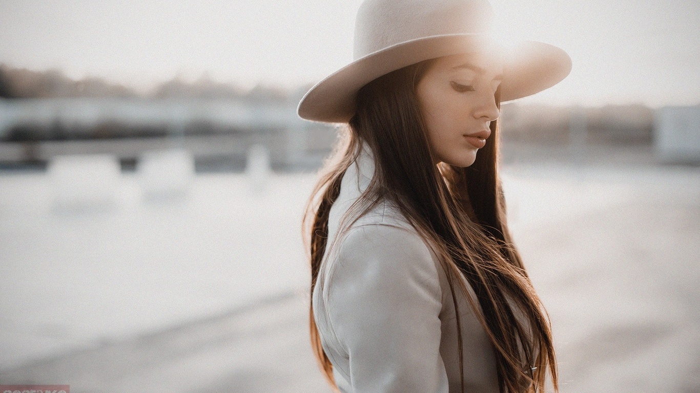 women, andrey popenko, hat, portrait, depth of field, women outdoors