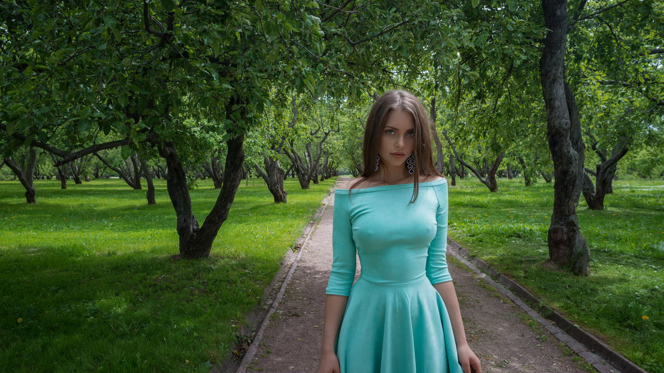 women, trees, portrait, dress, nipple through clothing, women outdoors