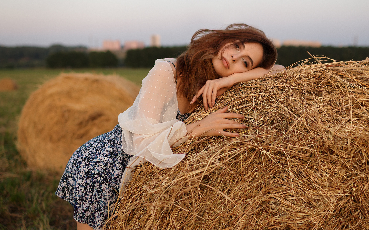 women, brunette, hay, depth of field, women outdoors, dress, ,  , , , 