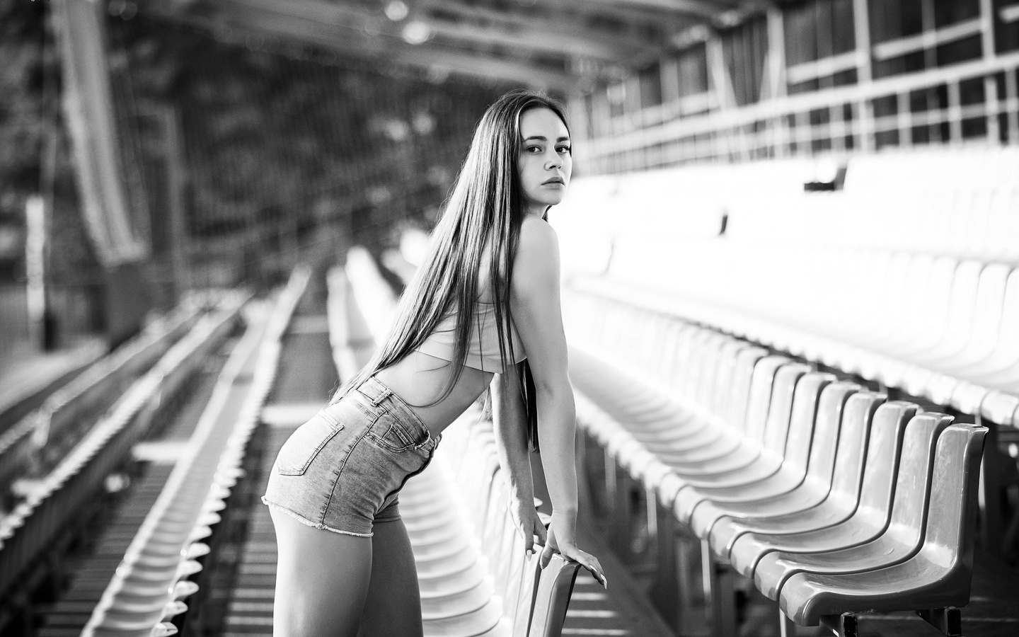 women, portrait, monochrome, jean shorts, long hair, depth of field