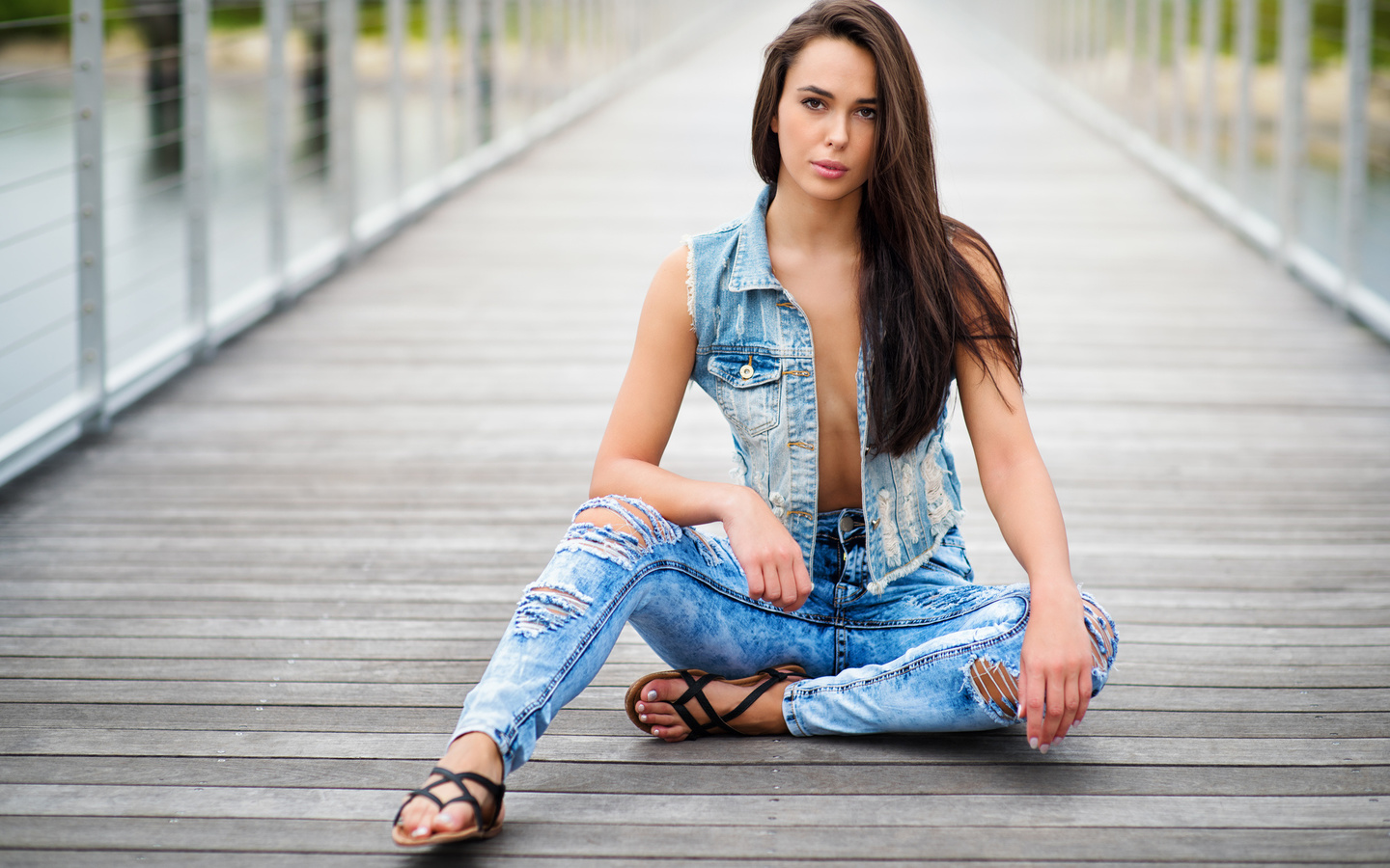 denim, sitting, pants, jeans, sandals, portrait, women