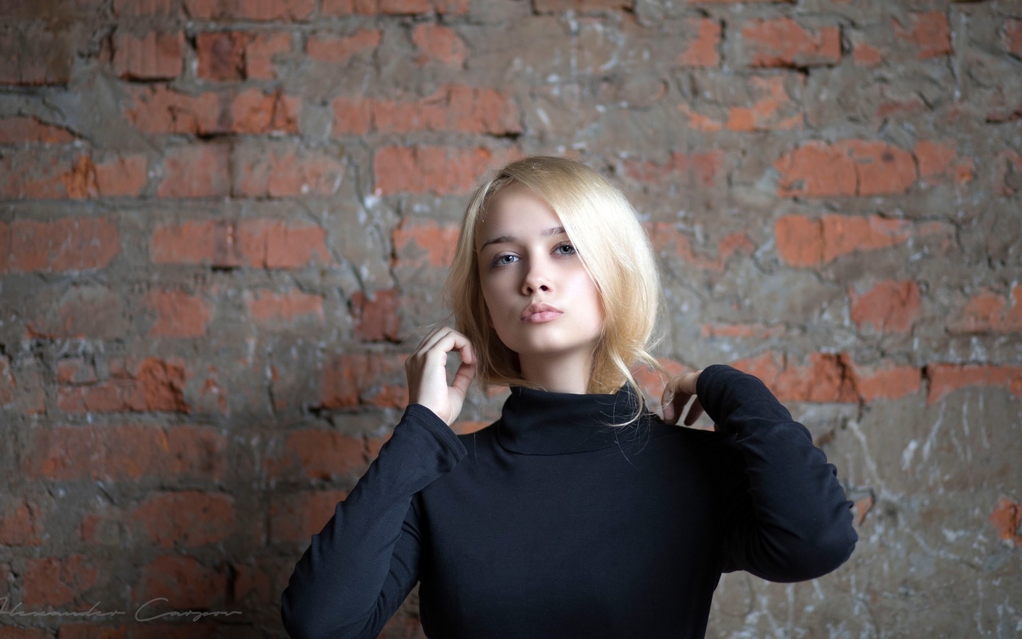 women, blonde, portrait, wall, bricks