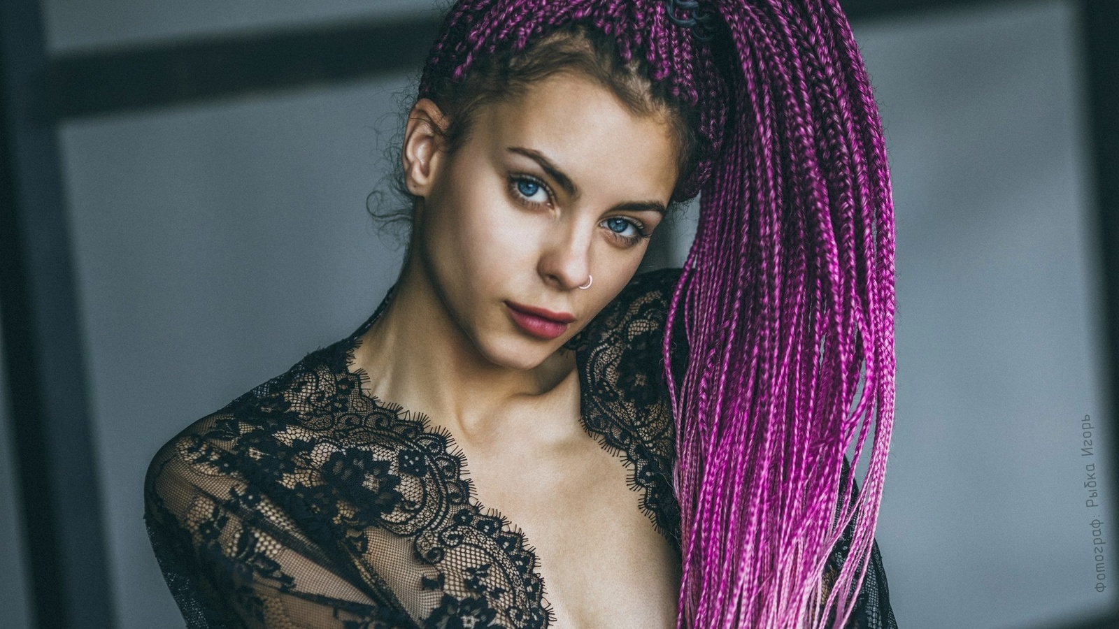 women, fishnet stockings, tanned, dyed hair, dreadlocks, face, blue eyes, nose rings, portrait