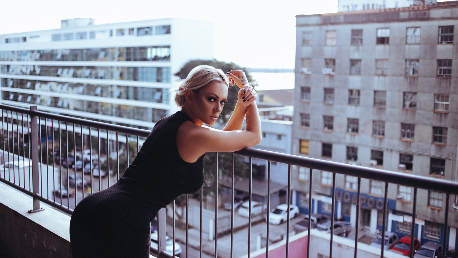 women, blonde, black dress, balcony, tattoo, black nails