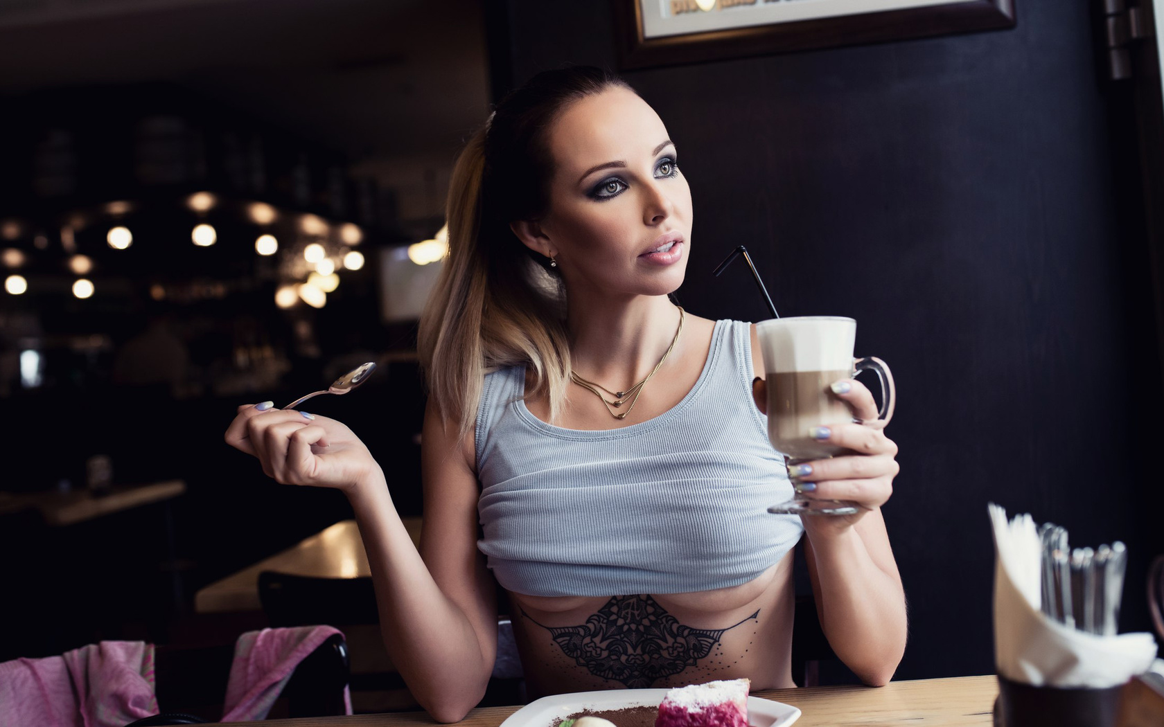 women, boobs, sitting, cup, looking away, underboob, portrait, tattoo, necklace