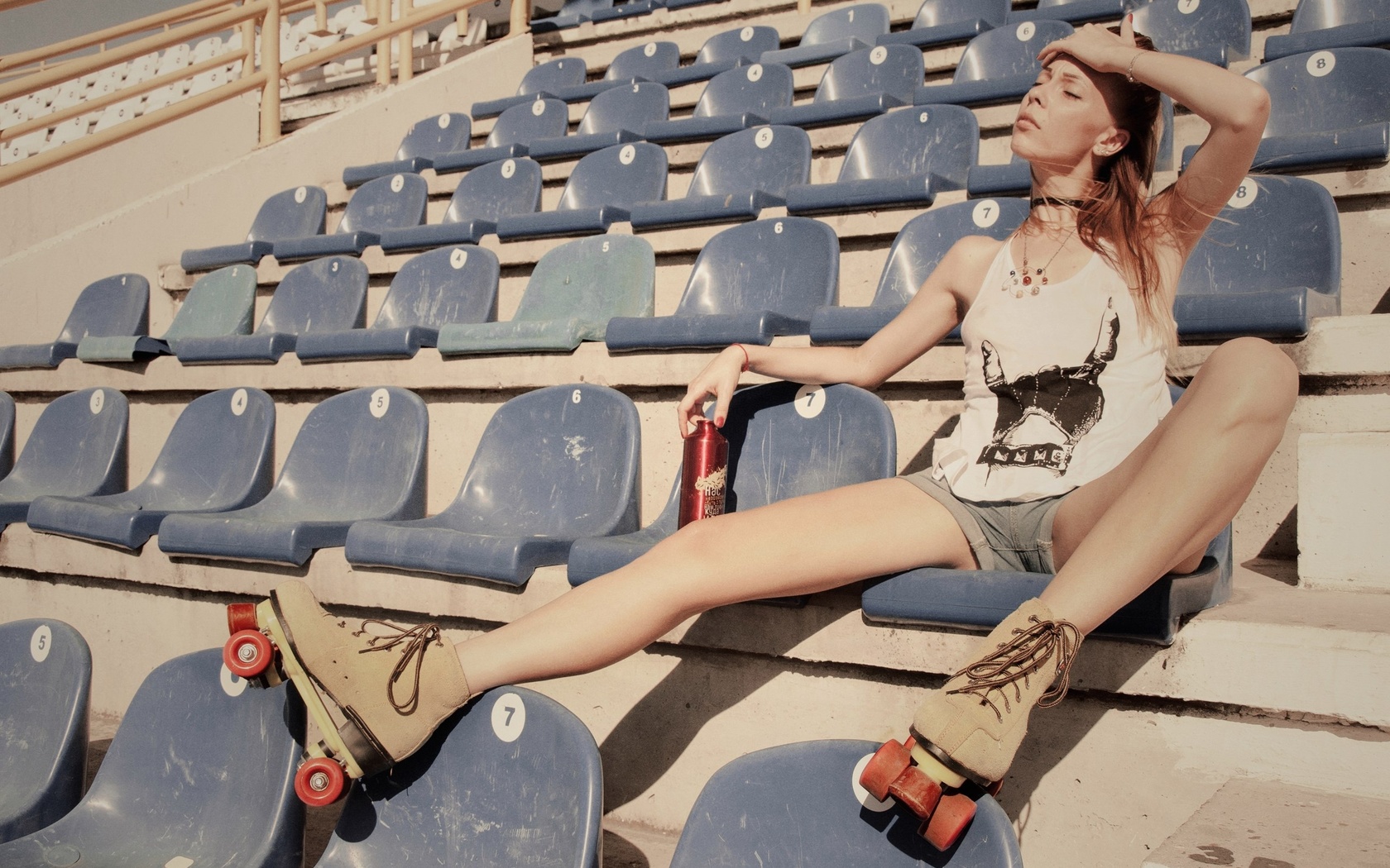 women, blonde, rollerskates, sitting, jean shorts, t-shirt, women outdoors, closed eyes, choker, necklace, stadium