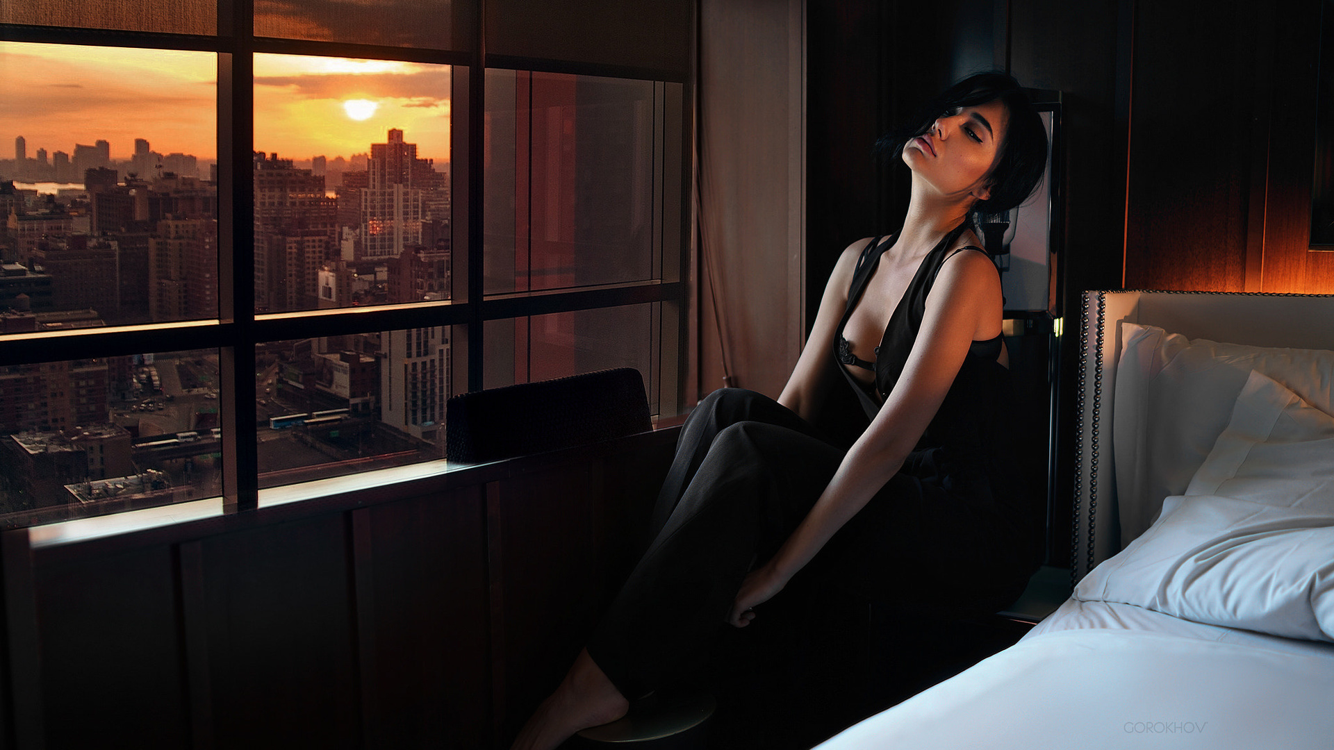 women, ivan gorokhov, sitting, bed, window, black clothing, black bras, boobs