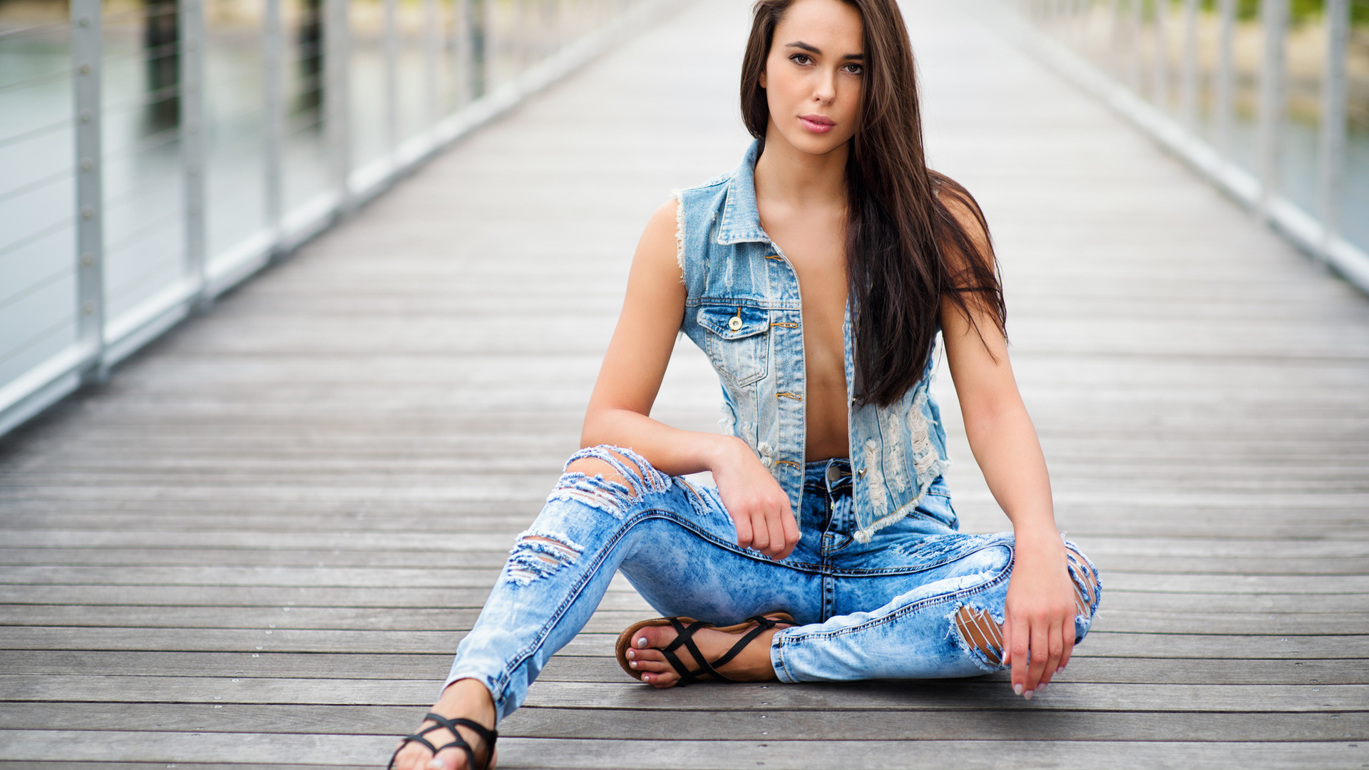 denim, sitting, pants, jeans, sandals, portrait, women