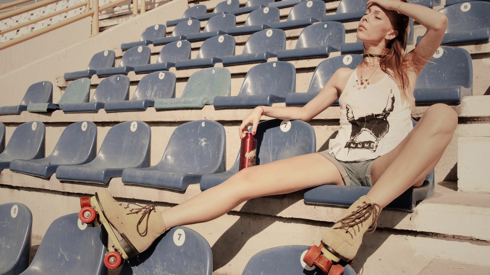 women, blonde, rollerskates, sitting, jean shorts, t-shirt, women outdoors, closed eyes, choker, necklace, stadium