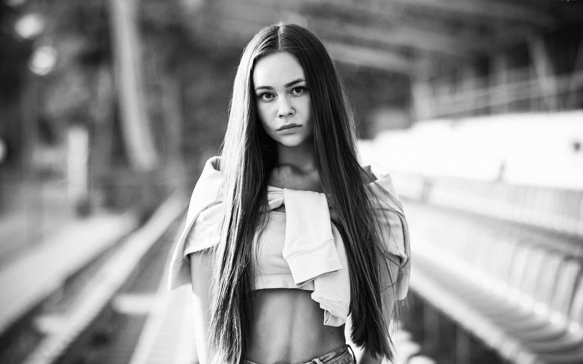 women, portrait, monochrome, jean shorts, long hair, depth of field