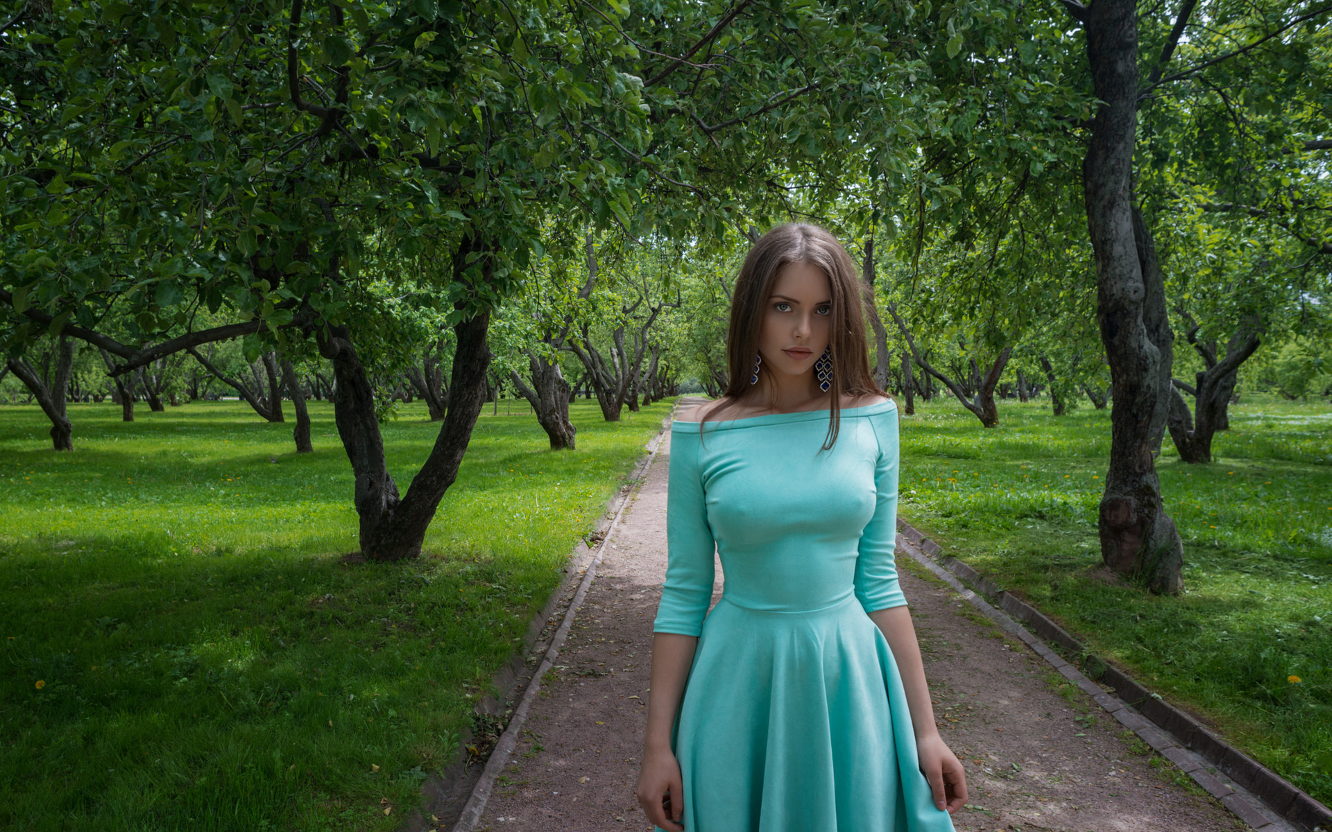 women, trees, portrait, dress, nipple through clothing, women outdoors