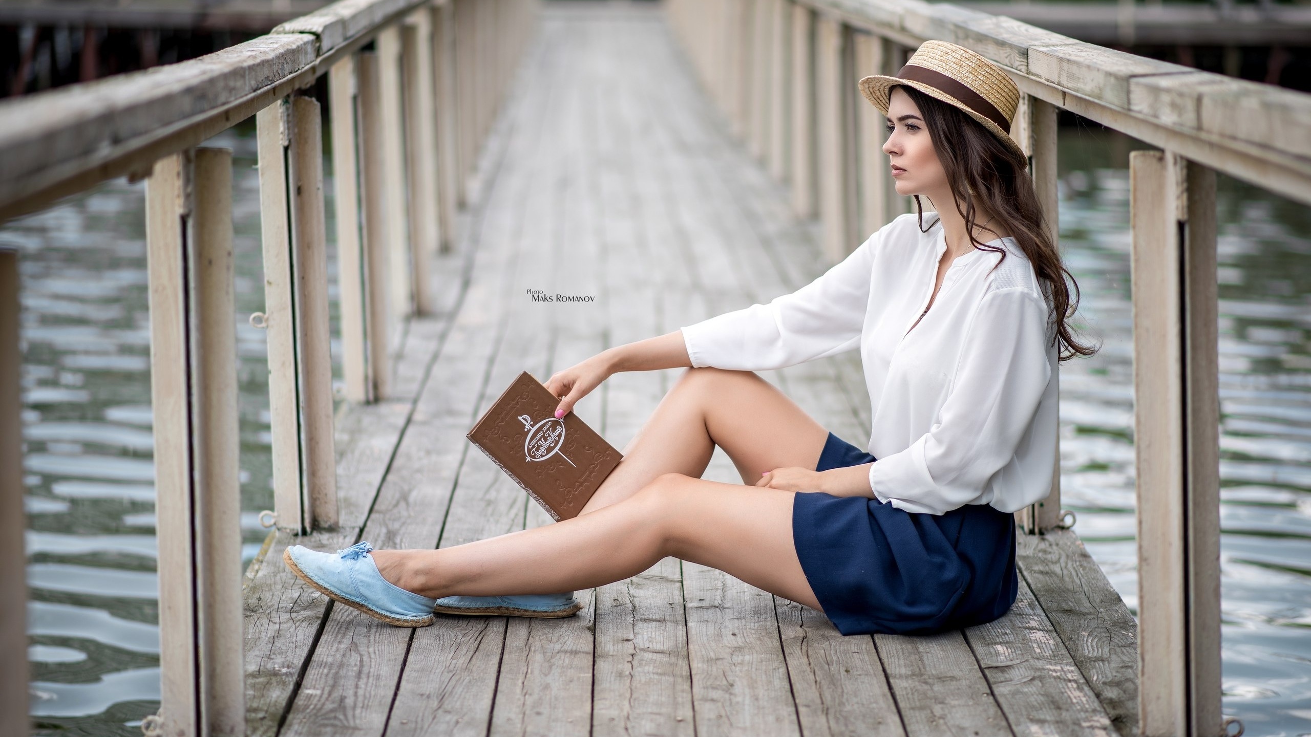 women, maksim romanov, bridge, hat, books, sitting, looking away, portrait