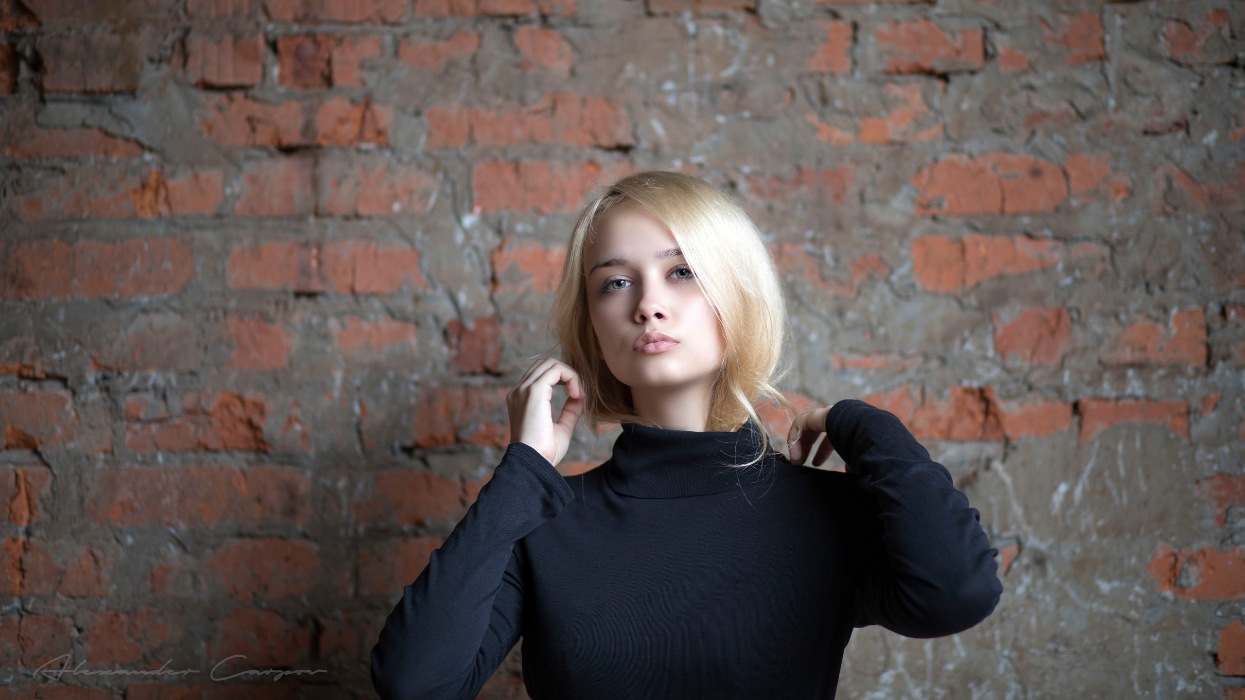 women, blonde, portrait, wall, bricks