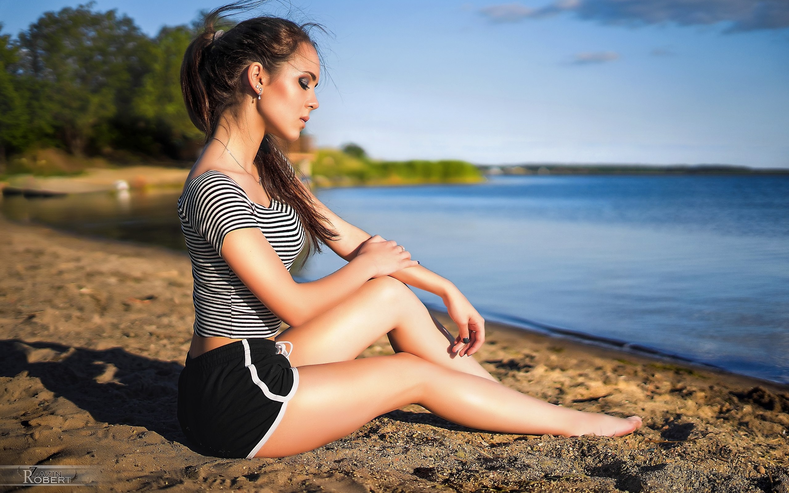 women, tanned, sitting, shorts, short shorts, sand, sea, women outdoors, 