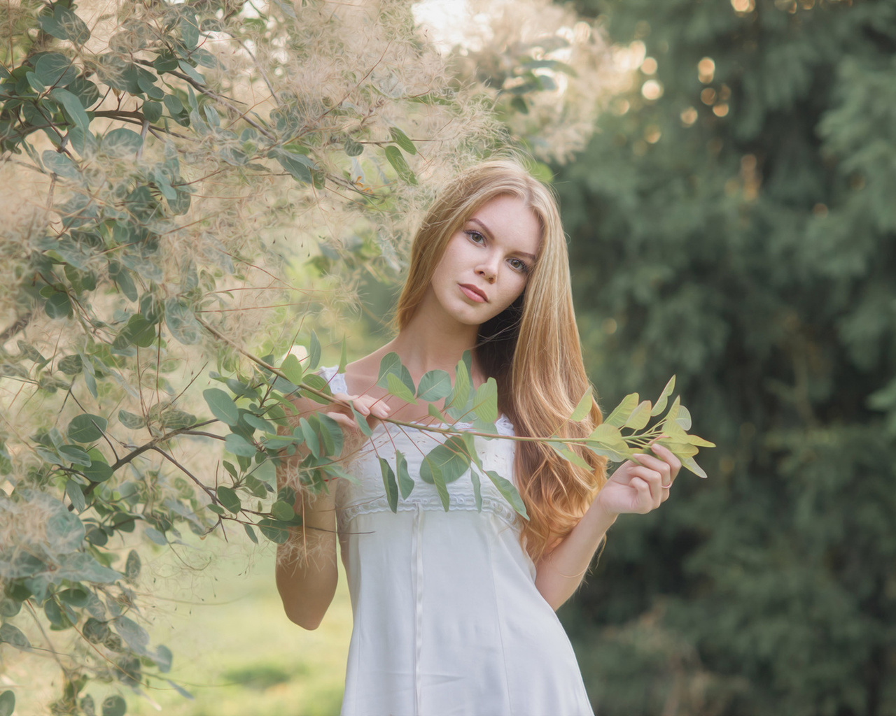 women, blonde, portrait, white dress, depth of field, women outdoors