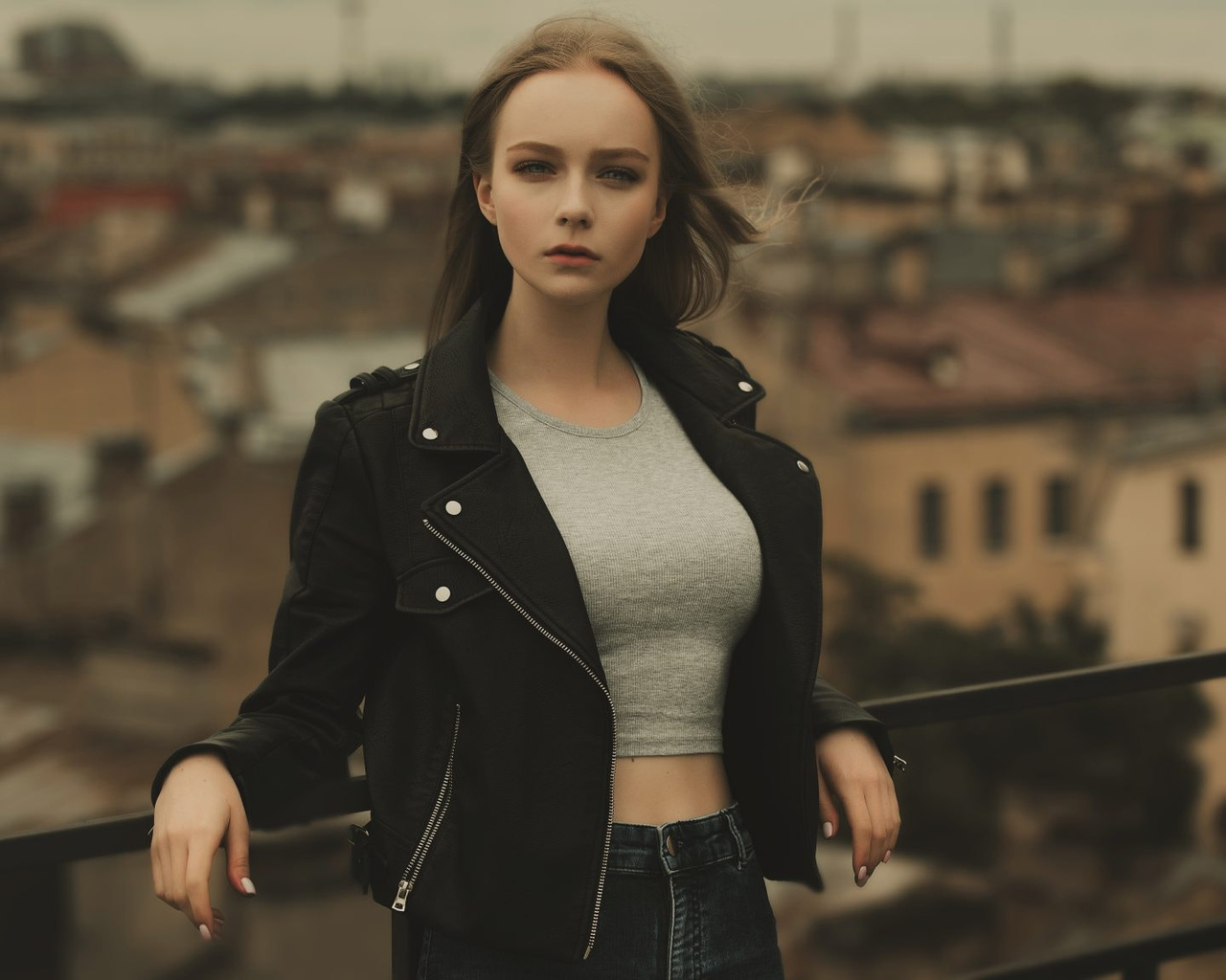 women, blonde, portrait, depth of field, women outdoors, leather jackets