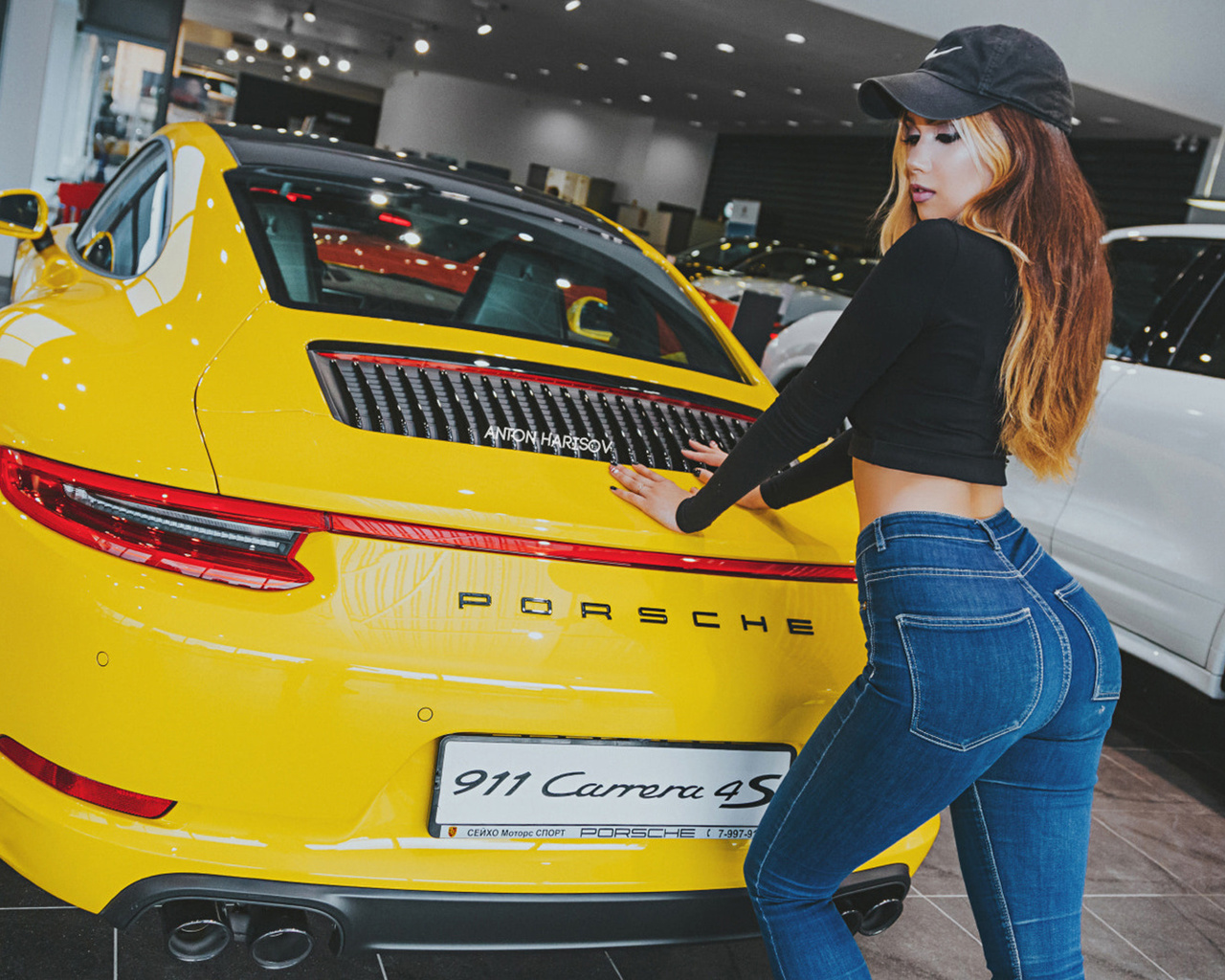 women, anton harisov, porsche, jeans, baseball caps, car, fotoshi toshi, redhead, , maria vasilieva