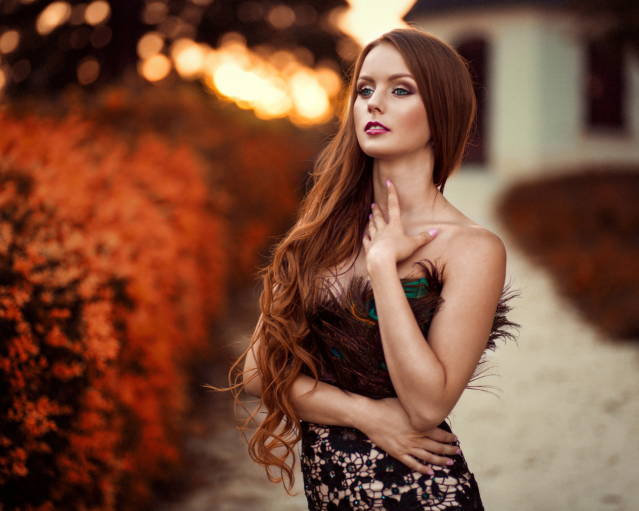 women, long hair, redhead, dress, depth of field, women outdoors, portrait, looking away, green eyes, pink nails, ,,,,,,,,,,,,,,,,,,,,