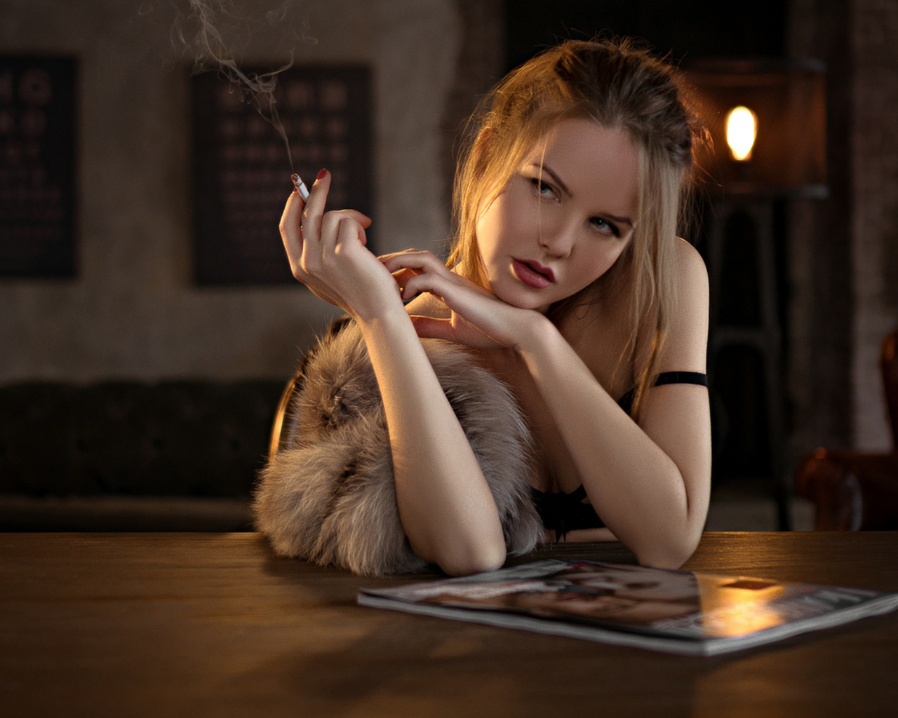 women, kristina yakimova, sergey fat, red lipstick, cigarette, smoke, fur, table, red nails, portrait, looking away