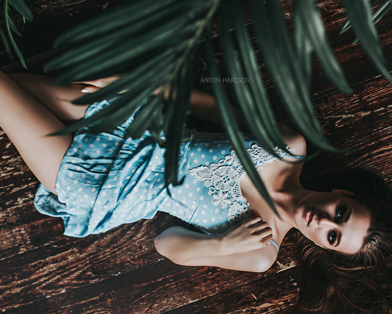 women, top view, dress, portrait, wooden surface, lying on back, on the floor, anton harisov, fotoshi toshi, brunette