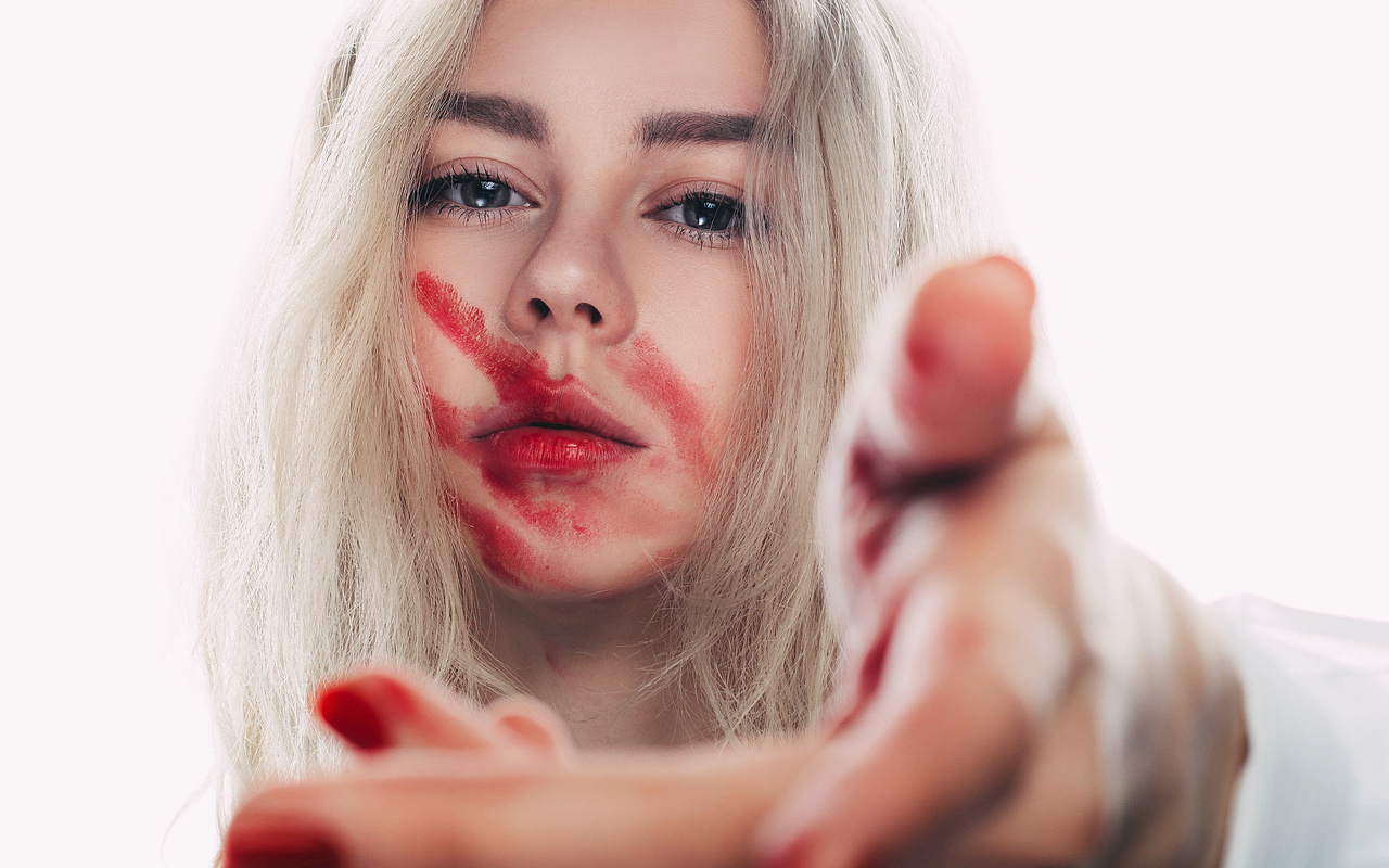 women, blonde, red lipstick, white background, portrait, face, red nails, simple background