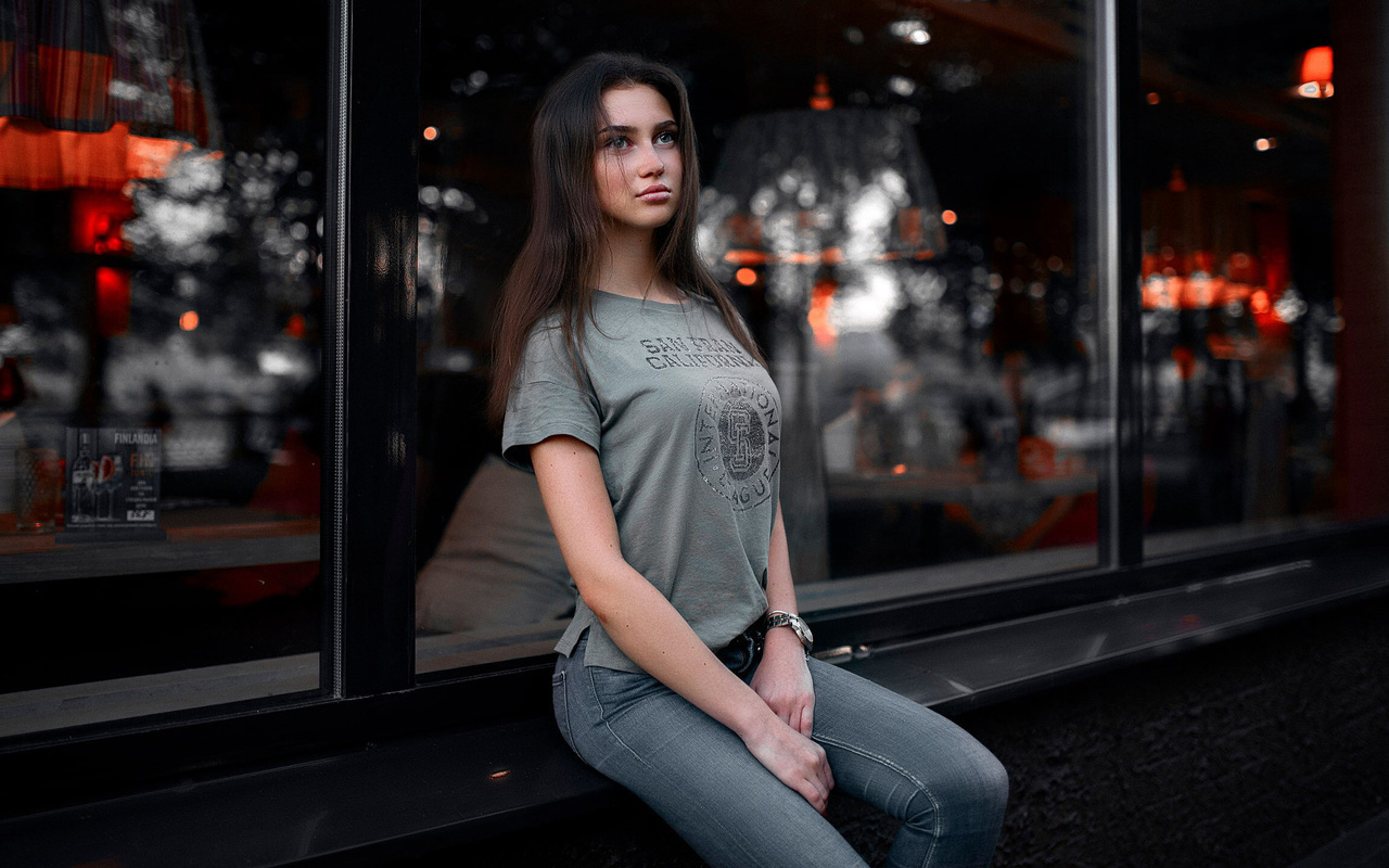 women, portrait, t-shirt, jeans, sitting, glass, reflection, looking away