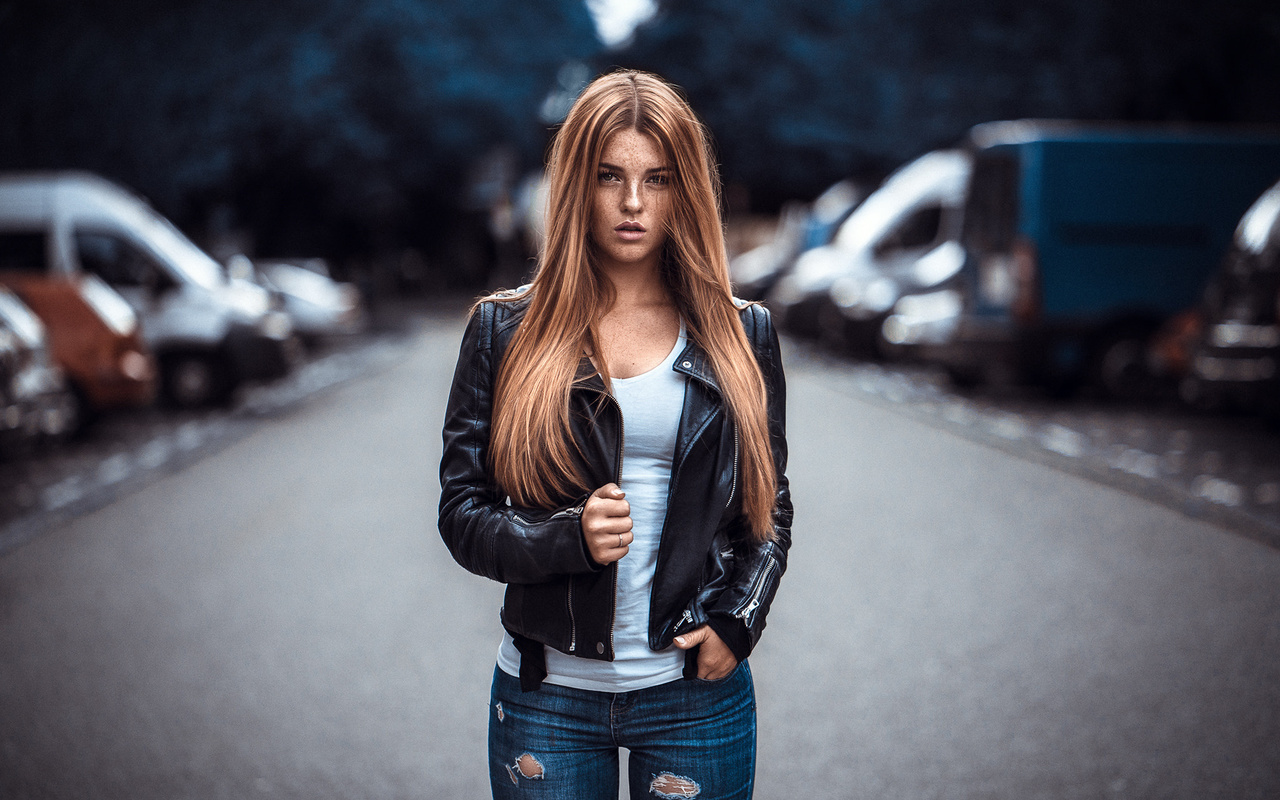 women, redhead, women outdoors, portrait, depth of field, torn jeans, freckles, leather jackets