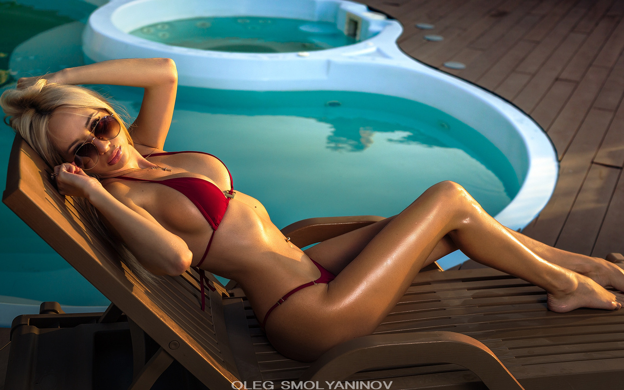 blonde, red bikinis, belly, tanned, swimming pool, sunglasses, women, sideboob, , , , , , , , , , , , , ,  