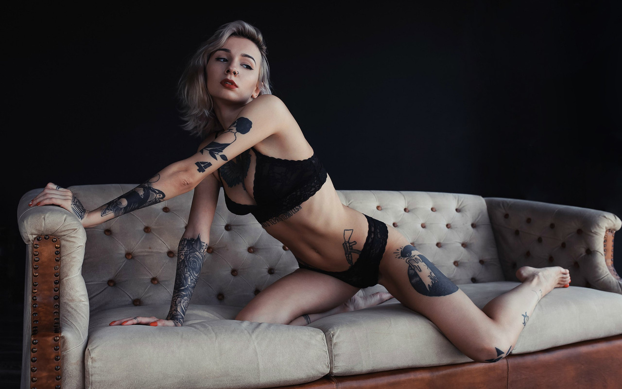 women, red lipstick, black lingerie, tattoo, couch, red nails, belly, kneeling, nose rings, looking away