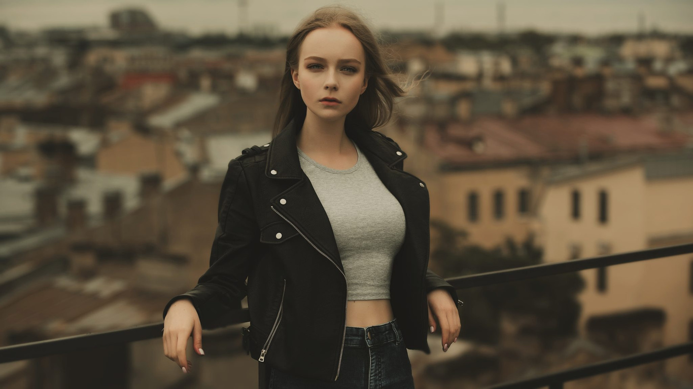 women, blonde, portrait, depth of field, women outdoors, leather jackets