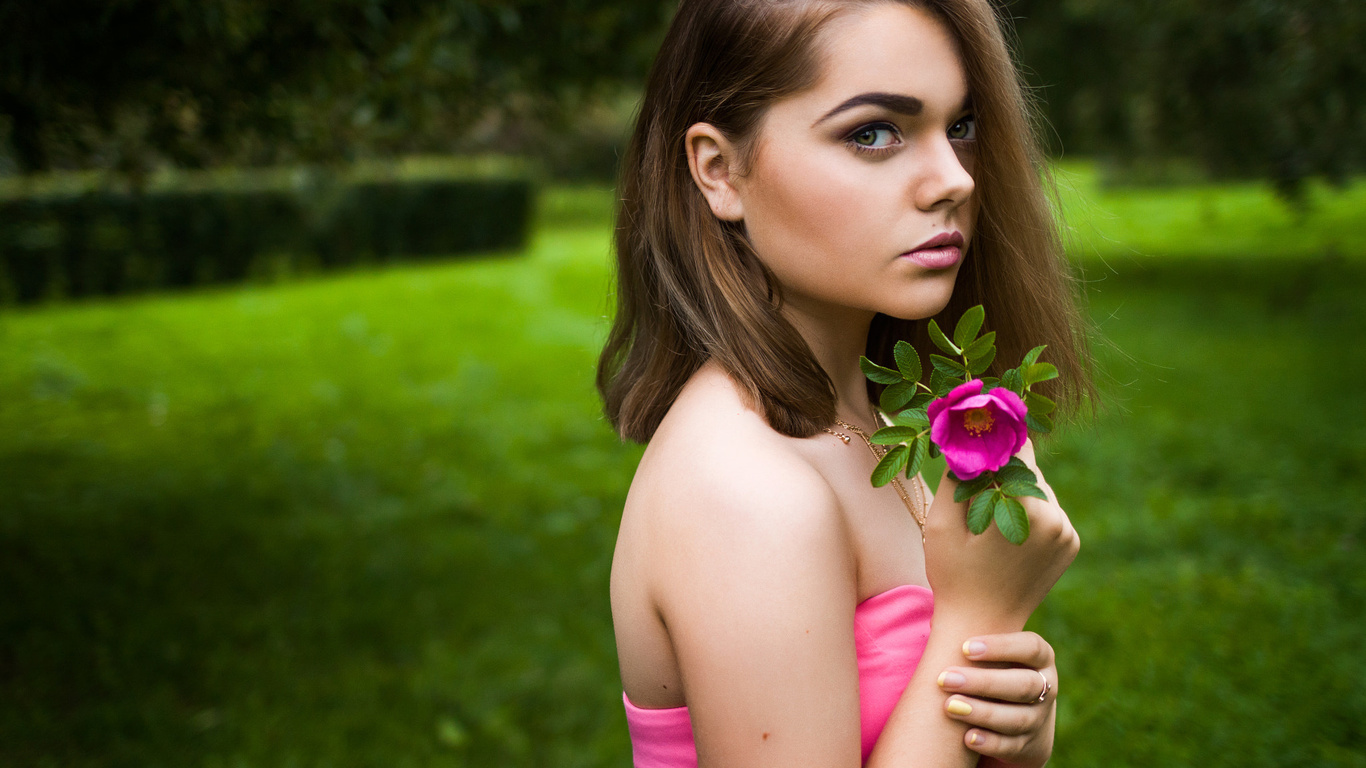 women, face, portrait, flowers, women outdoors, depth of field, necklace