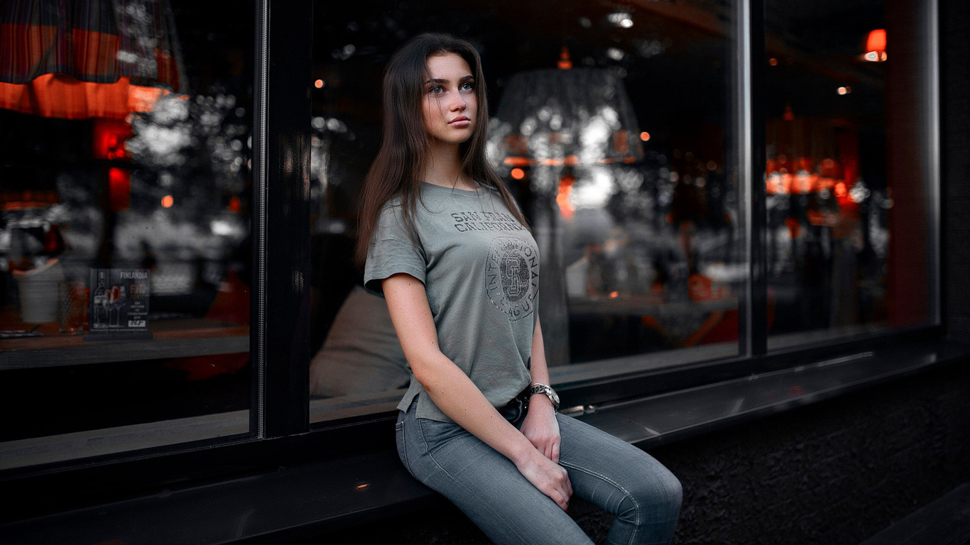 women, portrait, t-shirt, jeans, sitting, glass, reflection, looking away