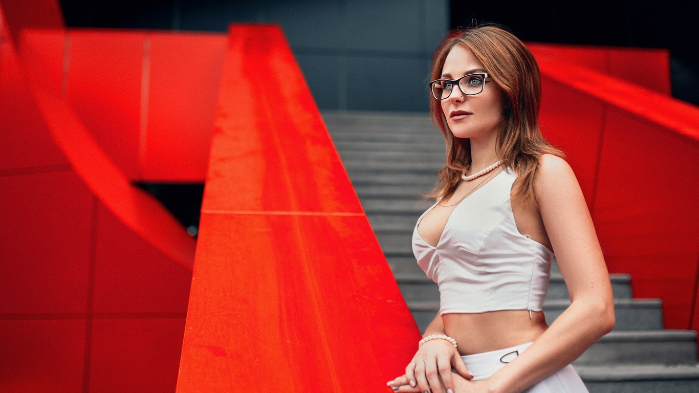 women, portrait, women with glasses, pearl necklace, redhead, stairs, pierced nose, looking away, eyeliner