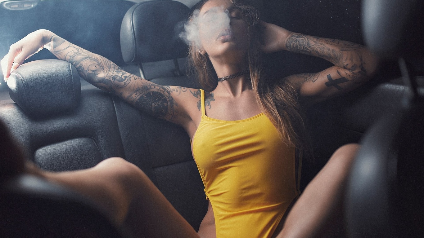 women, sitting, monokinis, tattoo, smoke, women with cars, armpits, closed eyes, choker, tanned, spread legs