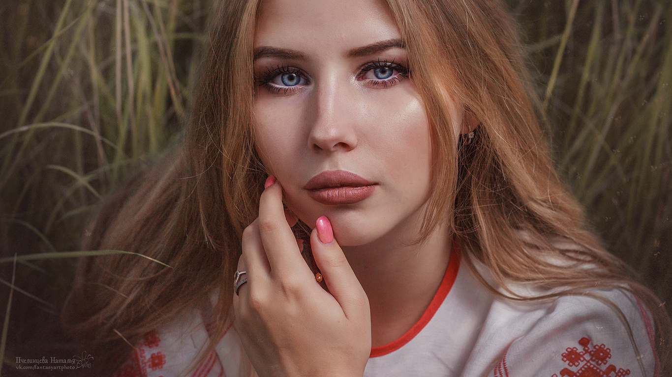 women, blonde, face, portrait, blue eyes, pink nails