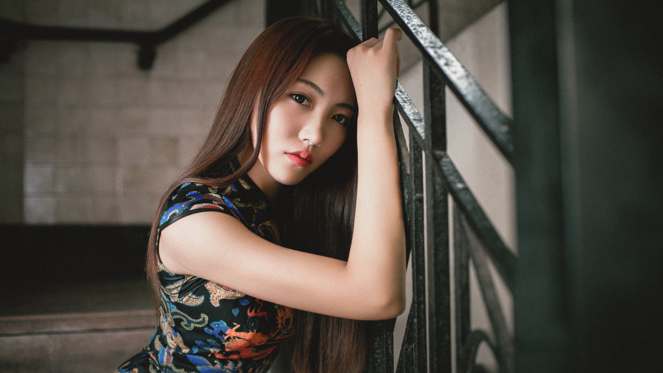 women, asian, portrait, stairs