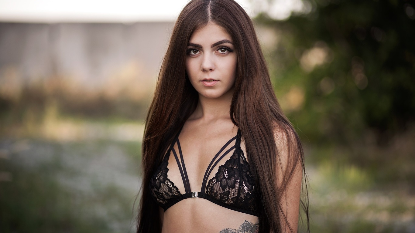 women, portrait, tattoo, long hair, depth of field, black bras, women outdoors