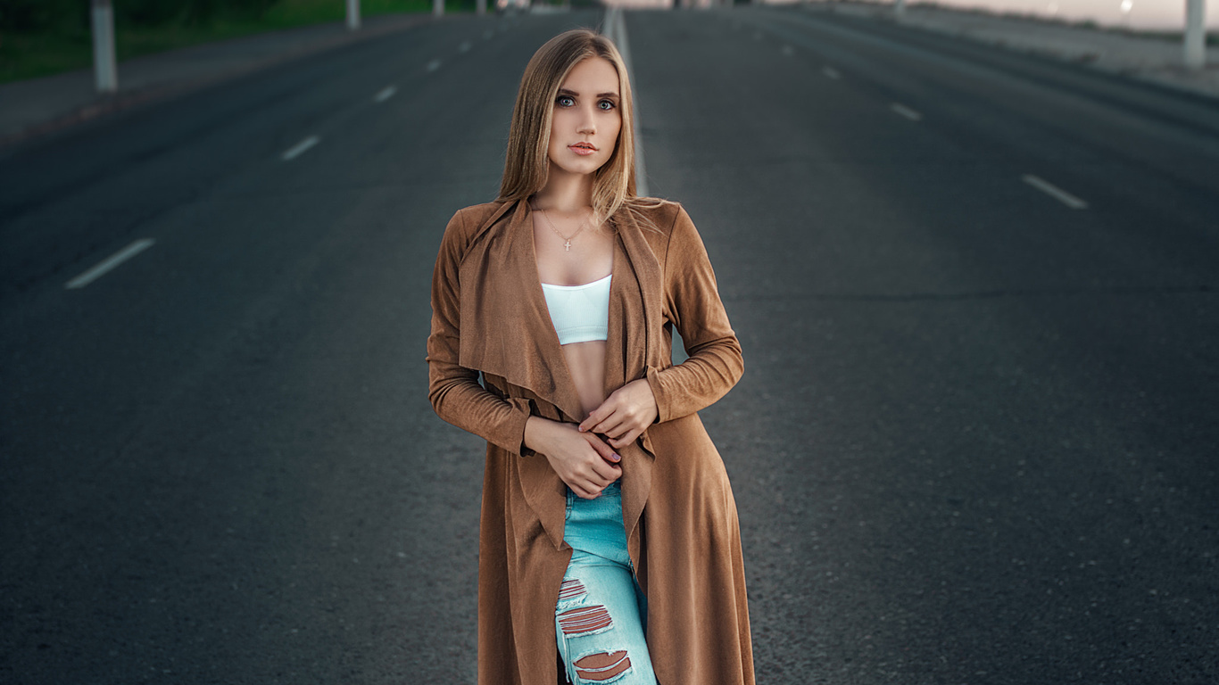 women, blonde, necklace, torn jeans, white tops, street, road, depth of field, portrait, women outdoors