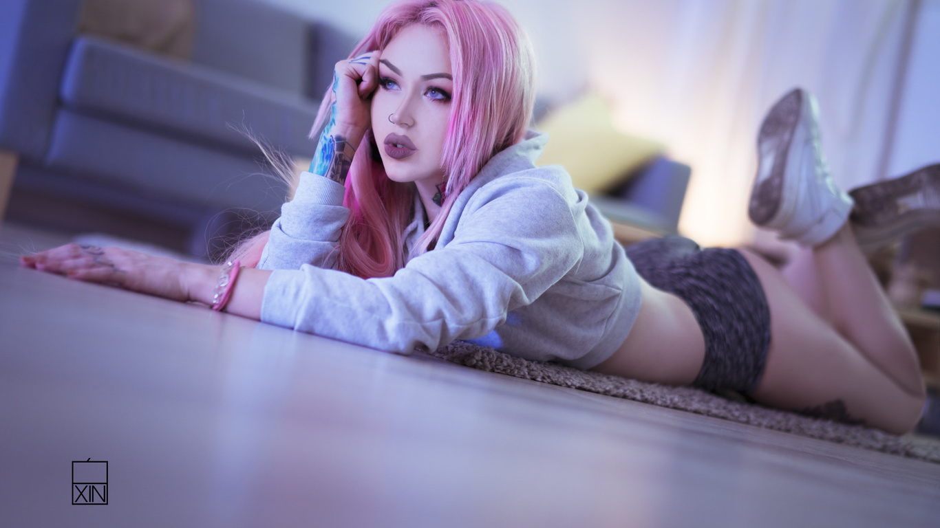 women, pink hair, dyed hair, ass, sneakers, sweater, short shorts, tattoo, nose rings, looking away, couch, depth of field, on the floor