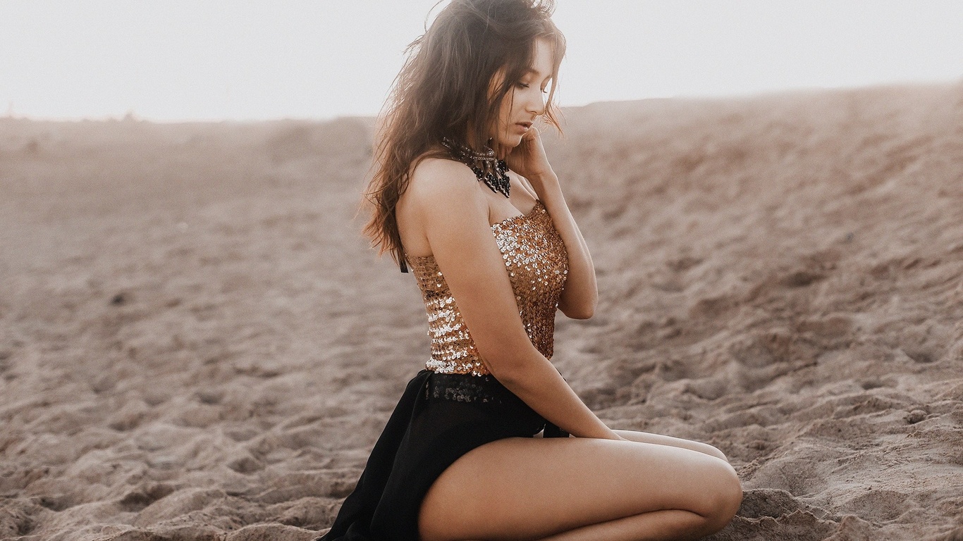 women, kneeling, dress, sand, andrey popenko, women outdoors, brunette, portrait