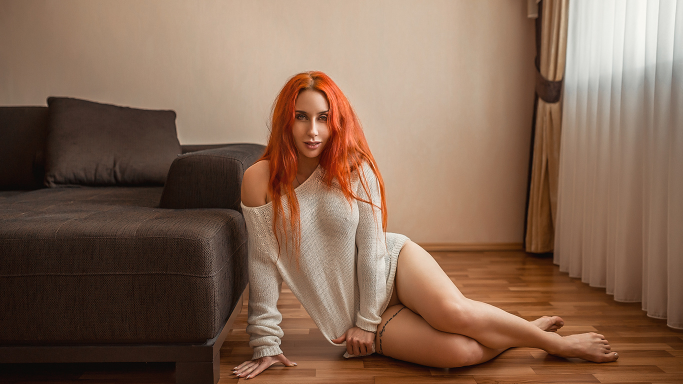 women, redhead, portrait, couch, tattoo, on the floor, sitting, long hair, brunette