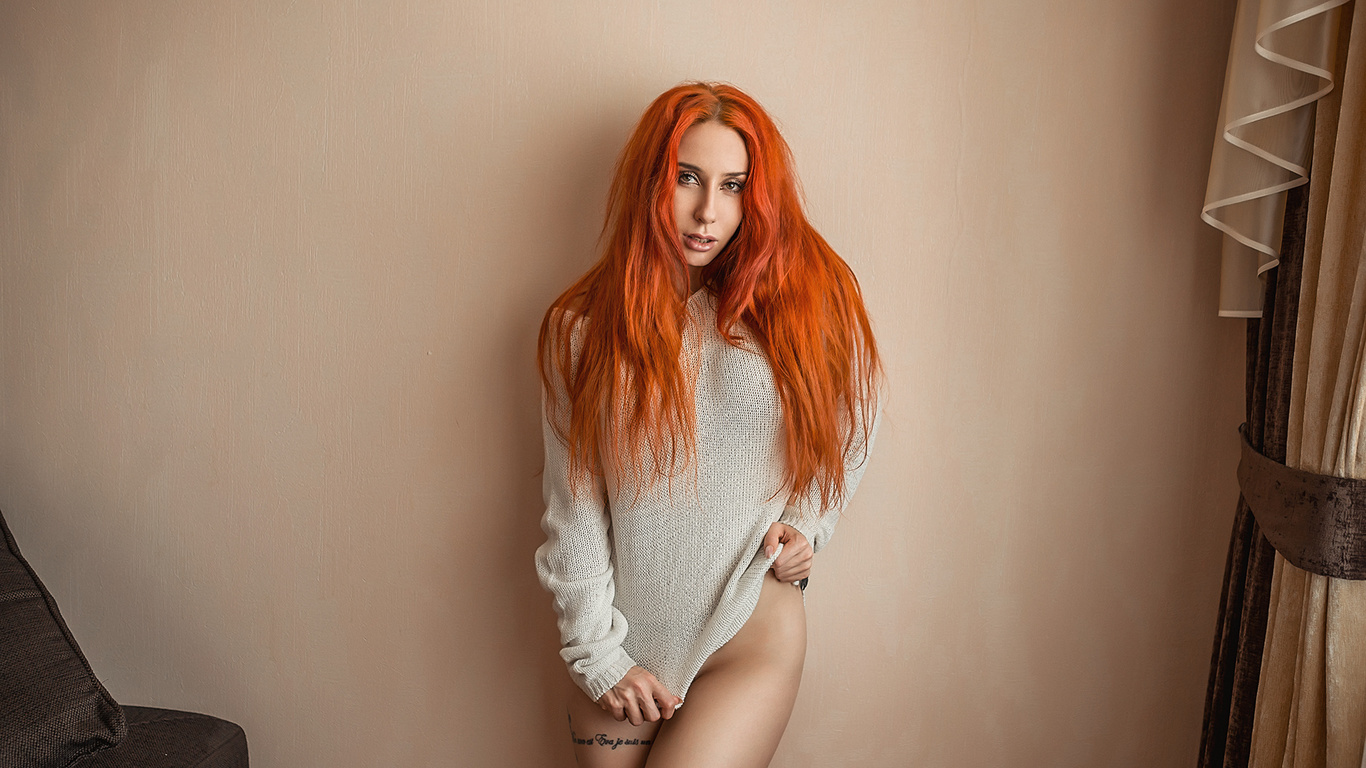 women, redhead, portrait, wall, tattoo, long hair, brunette