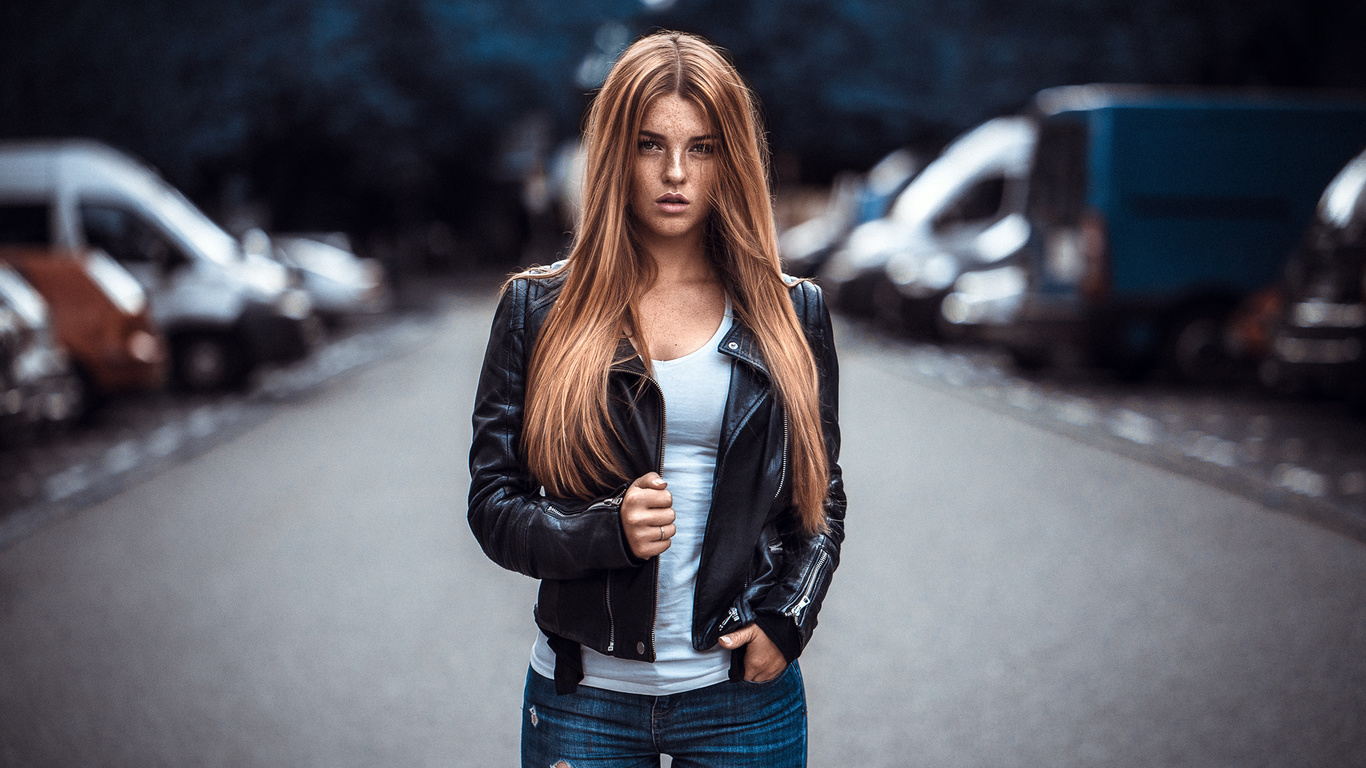 women, redhead, women outdoors, portrait, depth of field, torn jeans, freckles, leather jackets