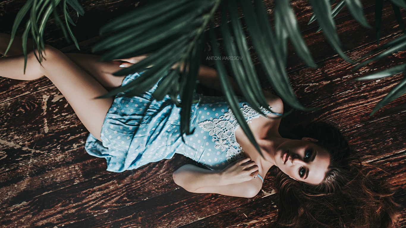 women, top view, dress, portrait, wooden surface, lying on back, on the floor, anton harisov, fotoshi toshi, brunette