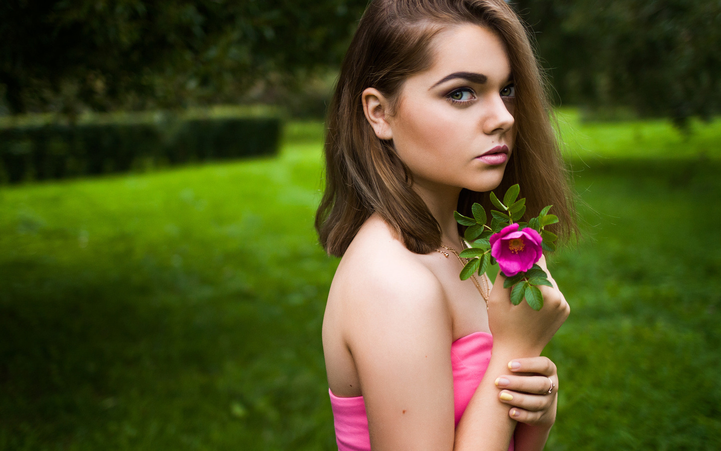 women, face, portrait, flowers, women outdoors, depth of field, necklace